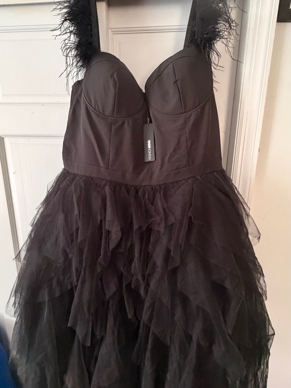 FashionNOVA Black Feather-Trim & Tulle Ruffle Cocktail Dress